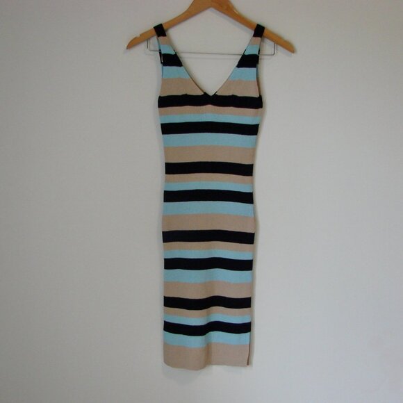 BCBG MaxAzria Rib Knit Tank Dress Bodycon Blue Tan Striped V-neck Stretch Small - Picture 3 of 11